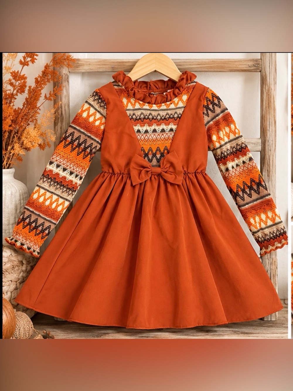 Little Girls 4T Boutique Fall Dress Rust Orange Boho Long Sleeve 4Y 🍂🧡